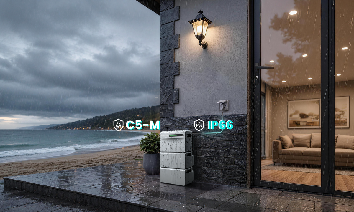 A waterproof outdoor storage box with a metallic silver finish is shown on a wet stone patio next to a glass door, with 'C5-M' and 'IP66' text overlays. The background depicts a dramatic rainy scene with a beach and ocean on the left and a lit living room on the right.