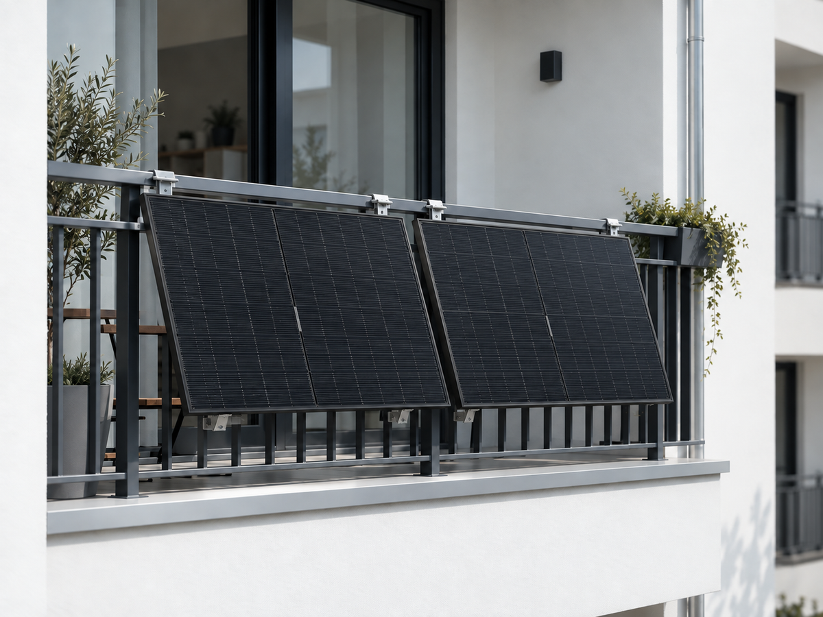 Solar panels mounted on a residential balcony alongside a SigenMate system