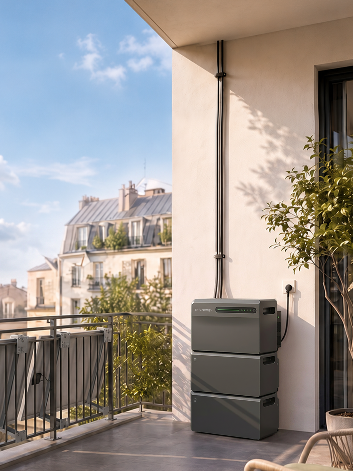 SigenMate energy storage system beside solar panels on a residential balcony