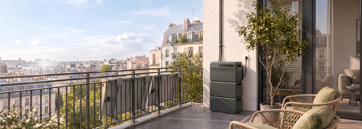SigenMate energy storage system beside solar panels on a residential balcony